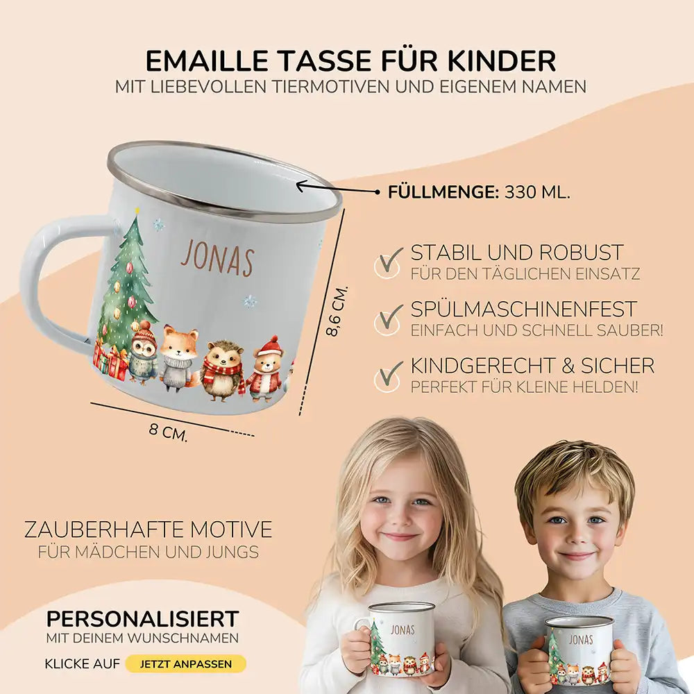 Weihnachts-Set Frühstücksbrettchen und  Emaille Tasse - Fuchs & Häschen-Freunde