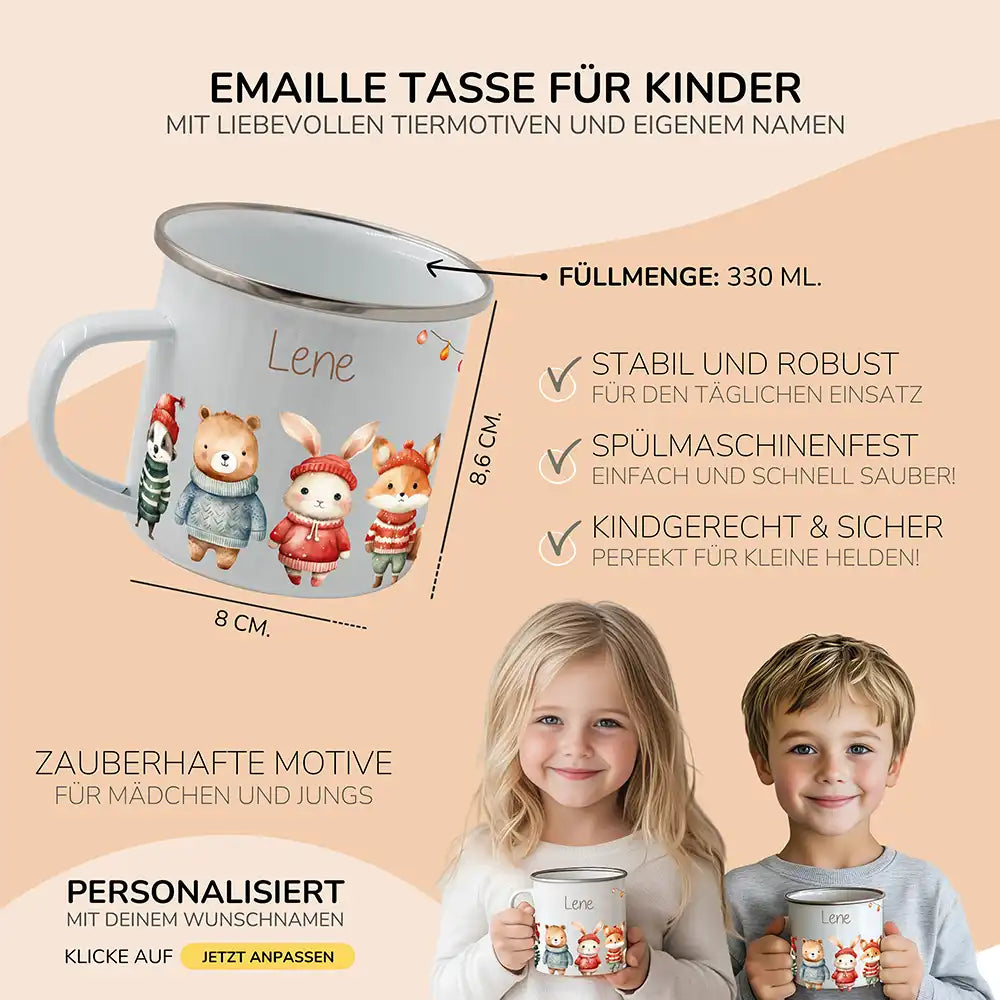 Weihnachts-Set Frühstücksbrettchen + Emaille Tasse - Winterfamilie