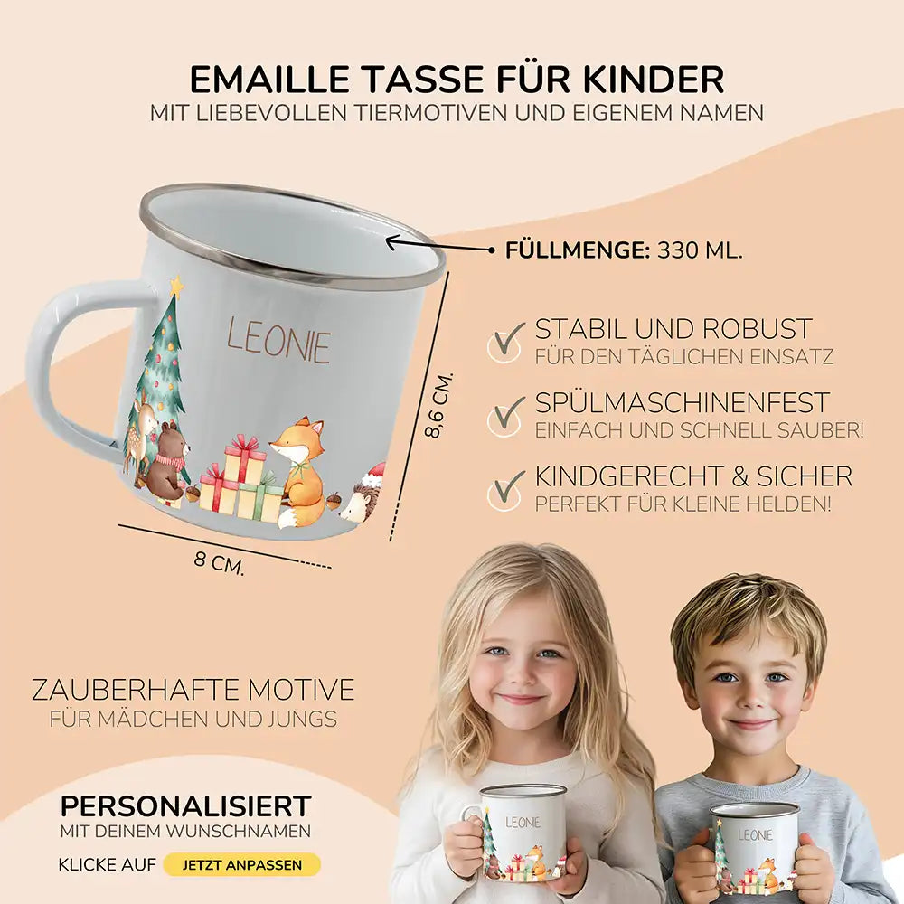 Weihnachts-Set Frühstücksbrettchen + Emaille Tasse - Fuchs am Weihnachtsbaum