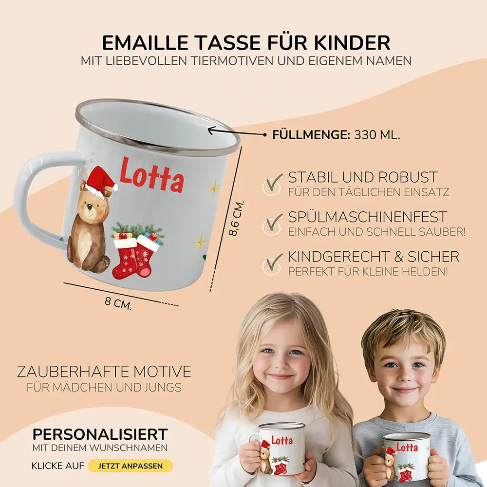 Weihnachts-Set Frühstücksbrettchen + Emaille Tasse - Weihnachtsbär