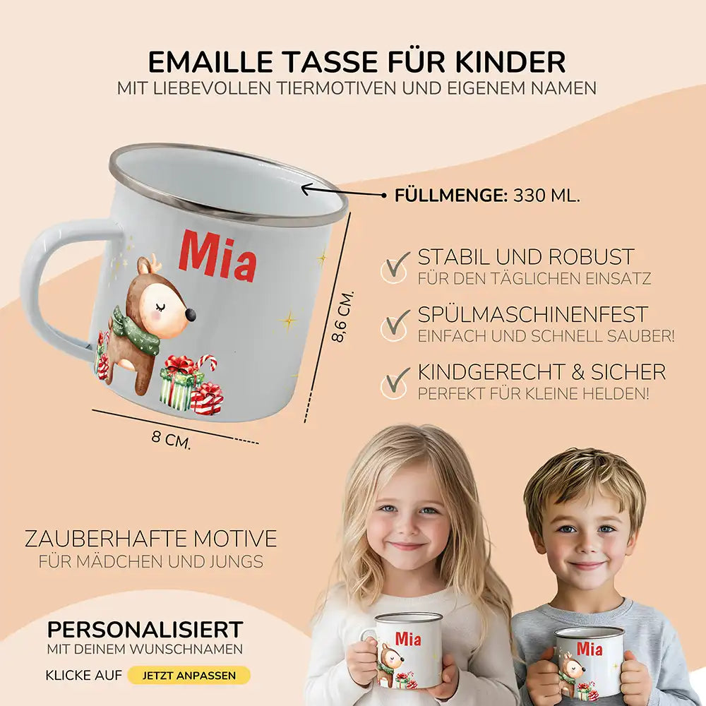 Weihnachts-Set Frühstücksbrettchen + Emaille Tasse - Baby Reh Motiv