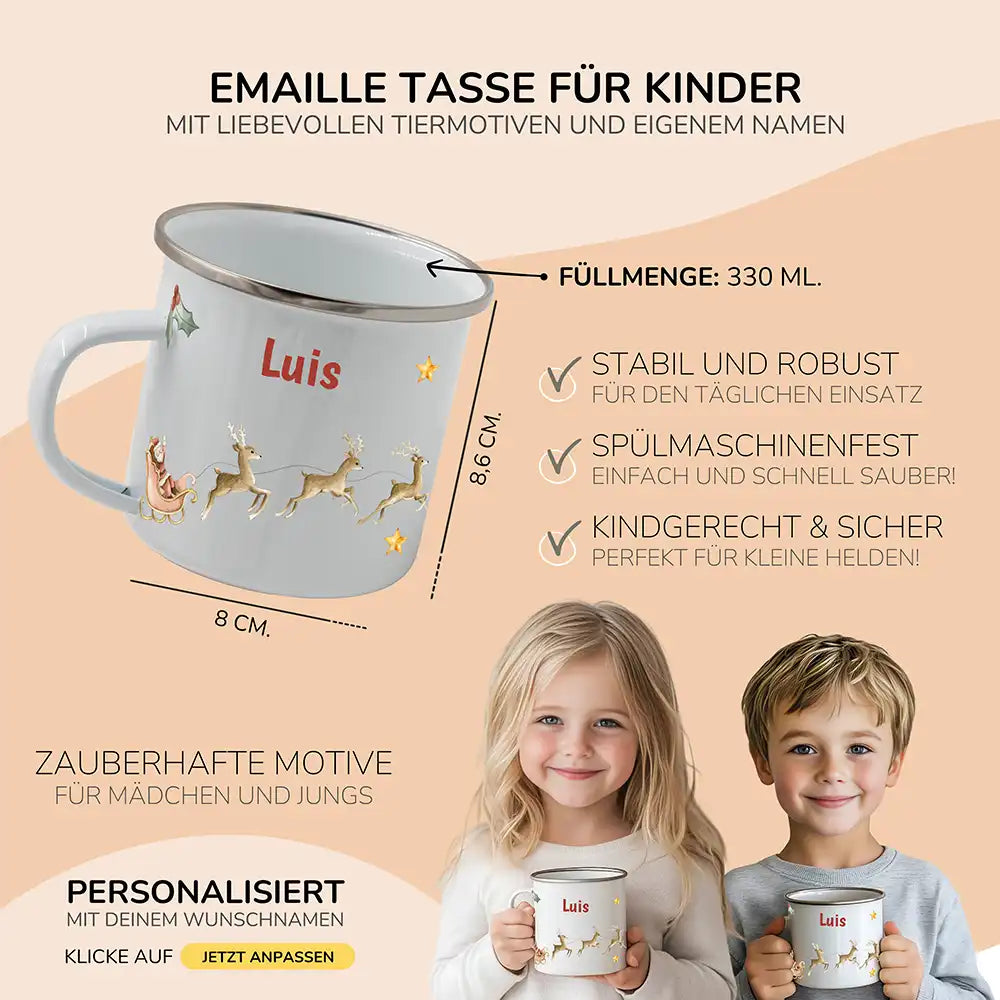 Weihnachts-Set Frühstücksbrettchen + Emaille Tasse - Rentier Schlitten