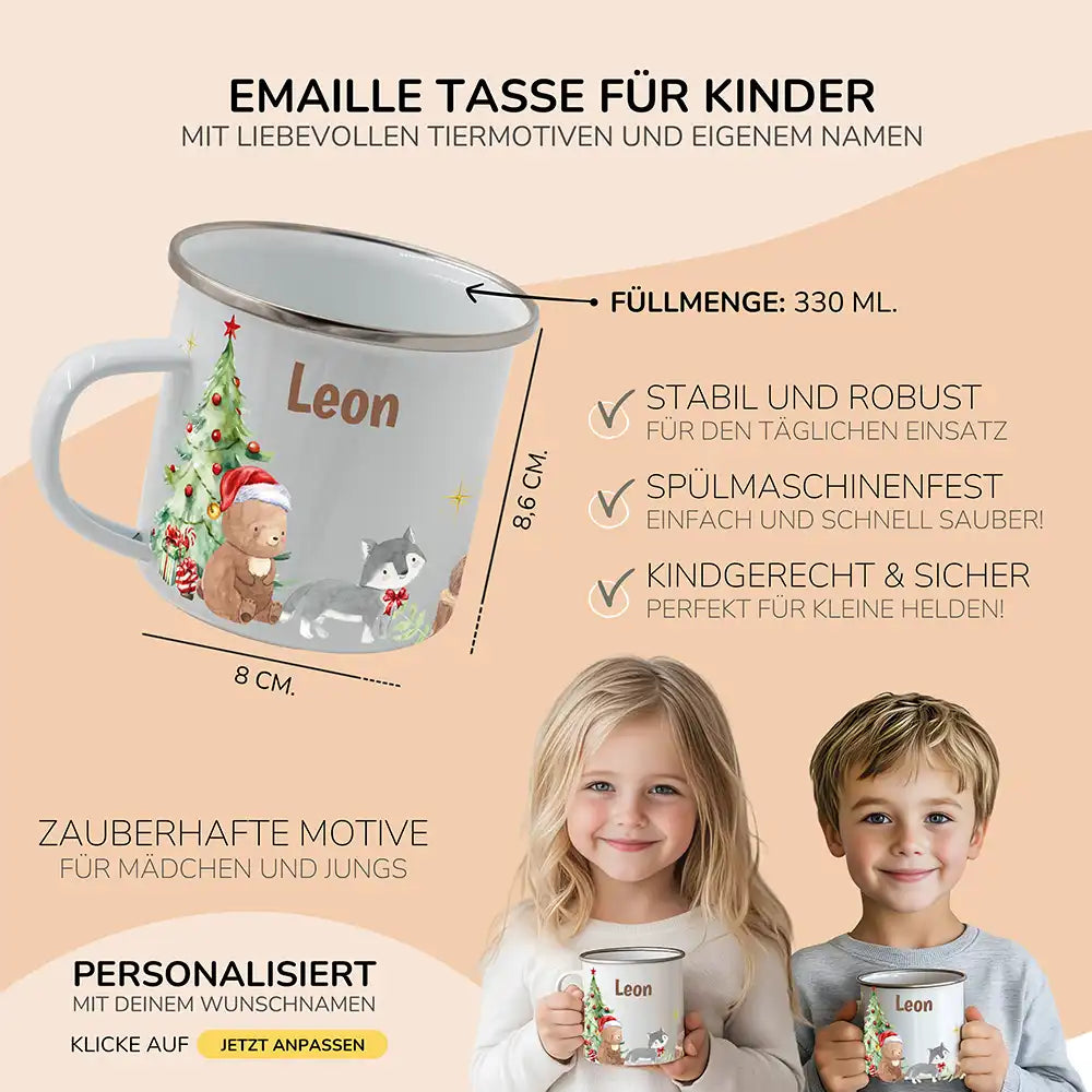 Weihnachts-Set Frühstücksbrettchen und  Emaille Tasse - Niedliche Waldtiere
