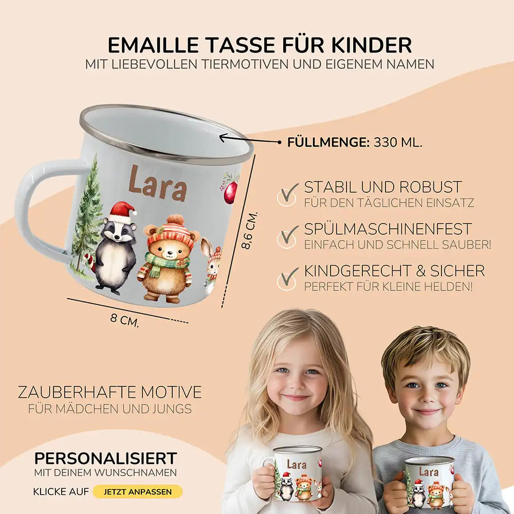 Weihnachts-Set Frühstücksbrettchen und  Emaille Tasse - Niedliche Waldfreunde