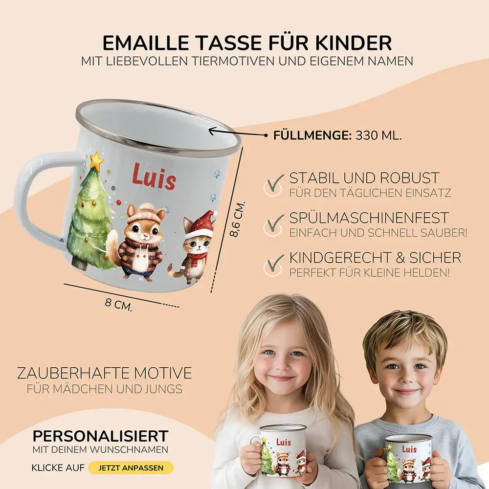 Weihnachts-Set Frühstücksbrettchen und  Emaille Tasse - Schneeflocken-Bande