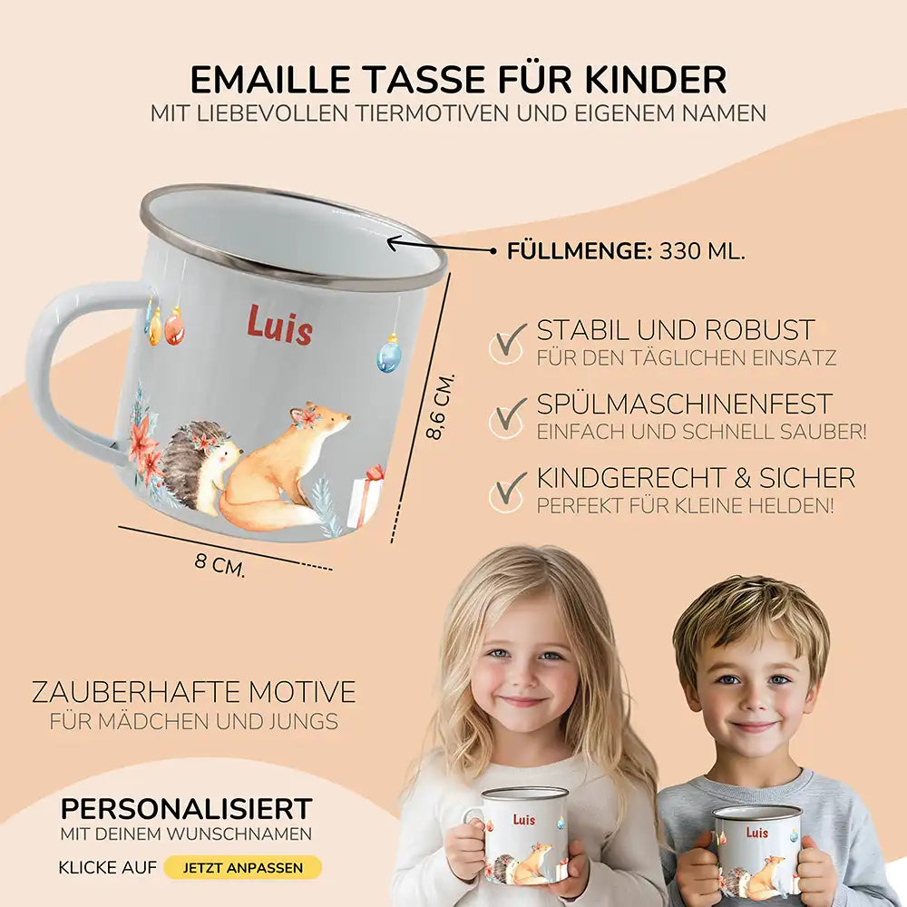 Weihnachts-Set Frühstücksbrettchen und  Emaille Tasse - Fuchs im Wald
