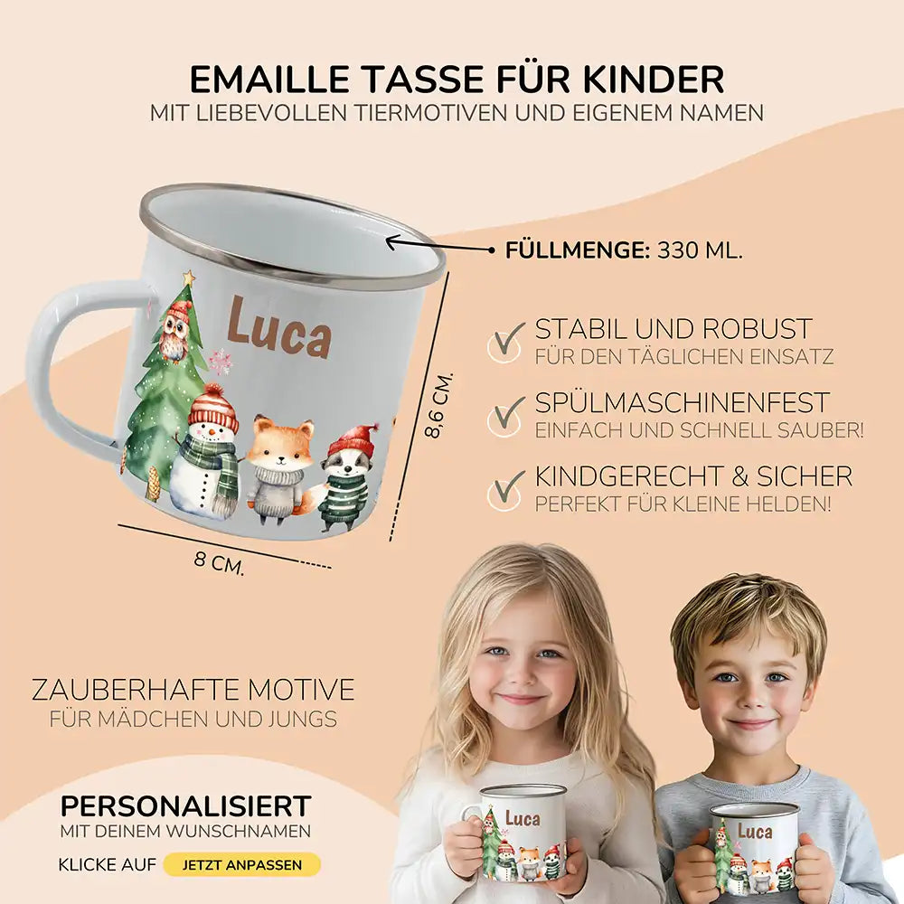 Weihnachts-Set Frühstücksbrettchen und  Emaille Tasse - Kuscheltier-Abenteuer