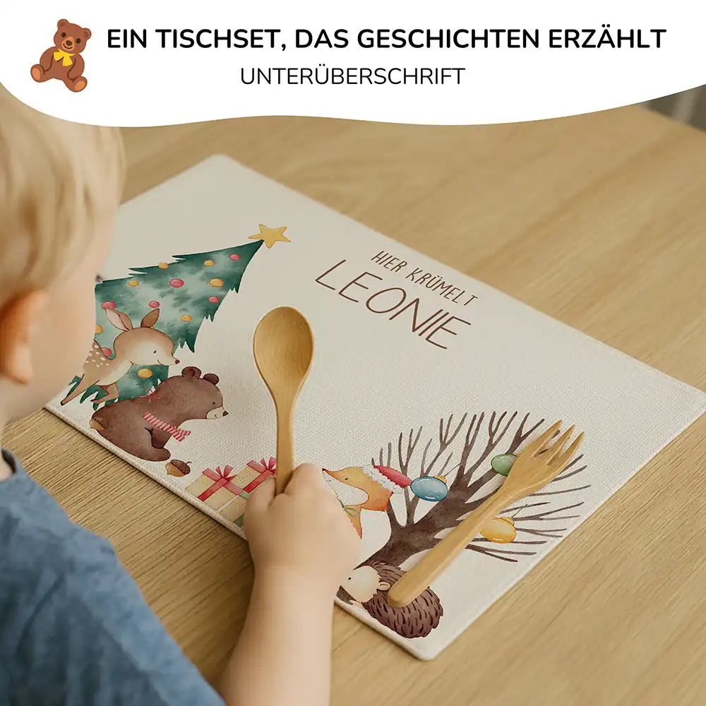 Tischset Kinder personalisiert Weihnachtsmotiv - Bär Weihnachtsbaum