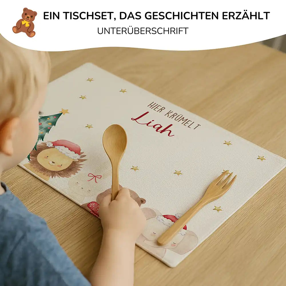 Tischset Kinder personalisiert Weihnachtsmotiv - Weihnachtswald-Tiertruppe