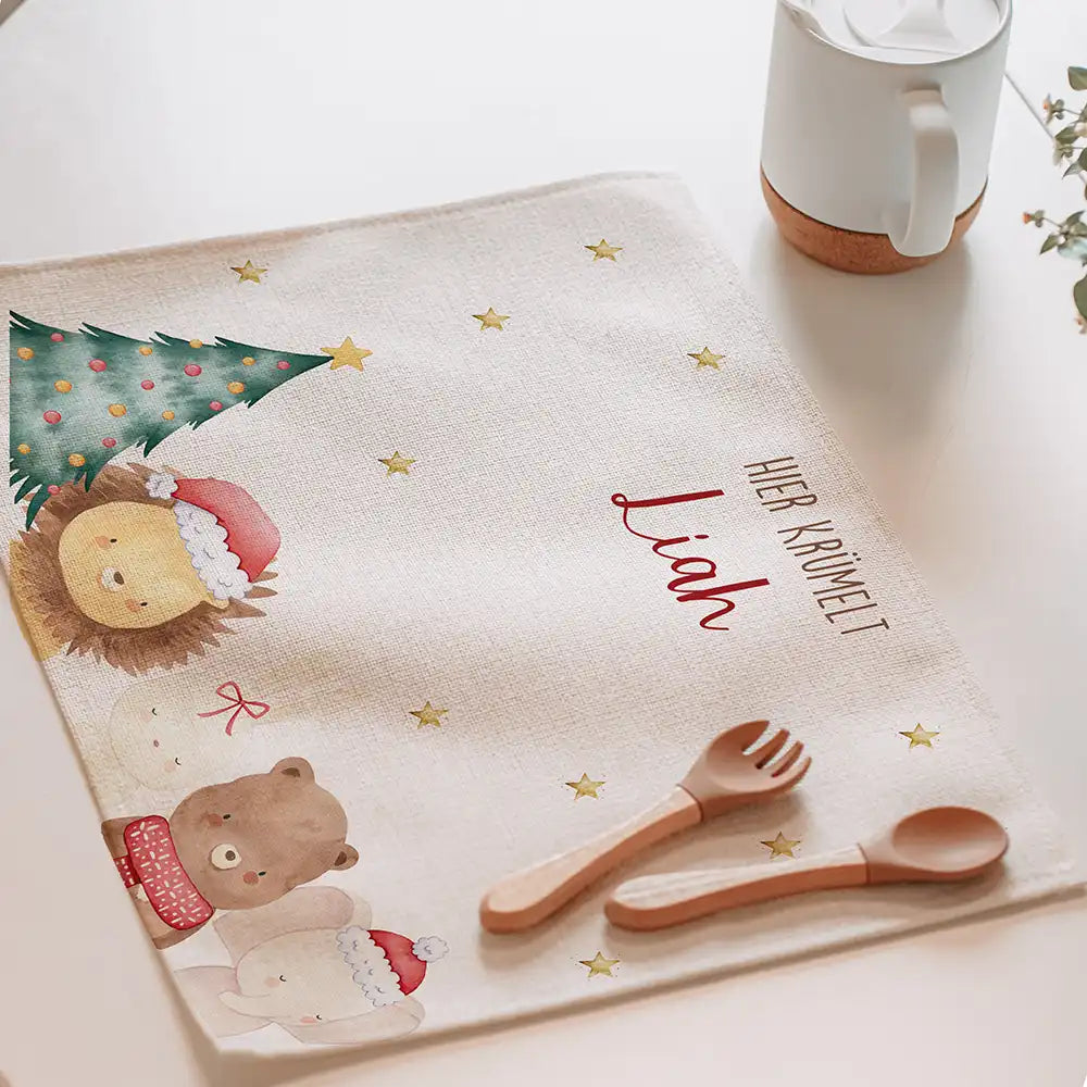 Tischset Kinder personalisiert Weihnachtsmotiv - Weihnachtswald-Tiertruppe