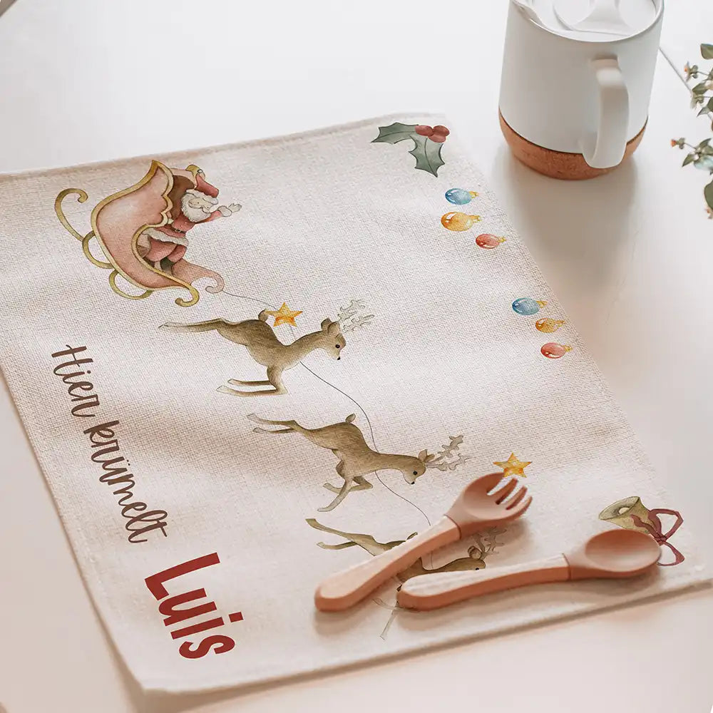 Tischset Kinder personalisiert Weihnachtsmotiv - Rentierschlitten