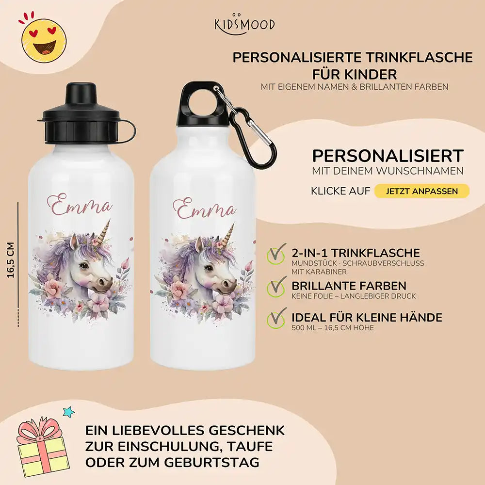 Personalisierte Trinkflasche Kinder Einhorn Blumenkranz – beide Verschlüsse mit Karabiner