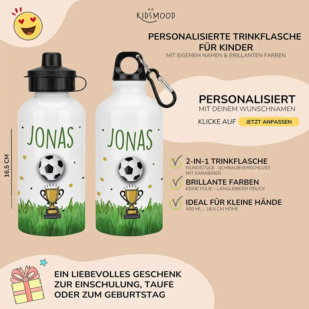 Personalisierte Trinkflasche Kinder Fußball Pokal – Karabiner für Schule & Sport