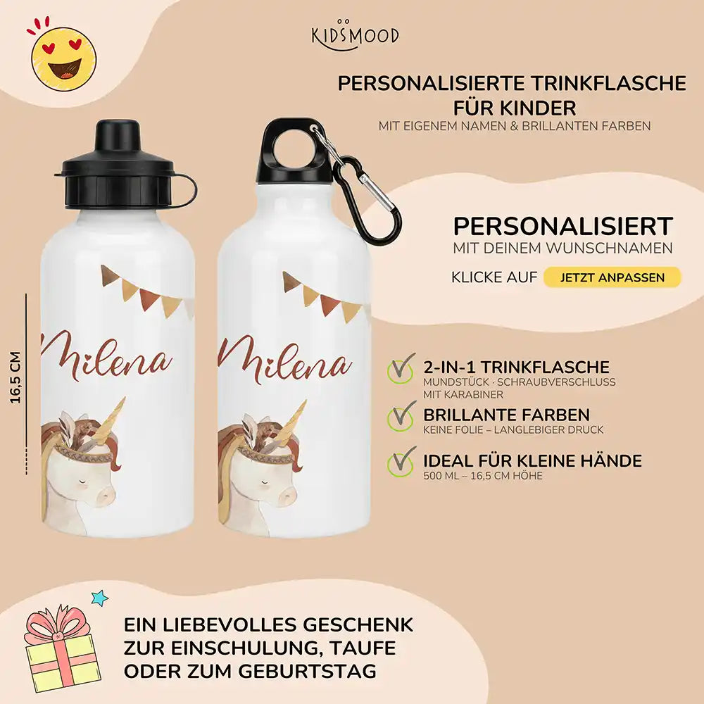 Personalisierte Trinkflasche Kinder Einhorn Indianer – Karabiner für Schule & Sport