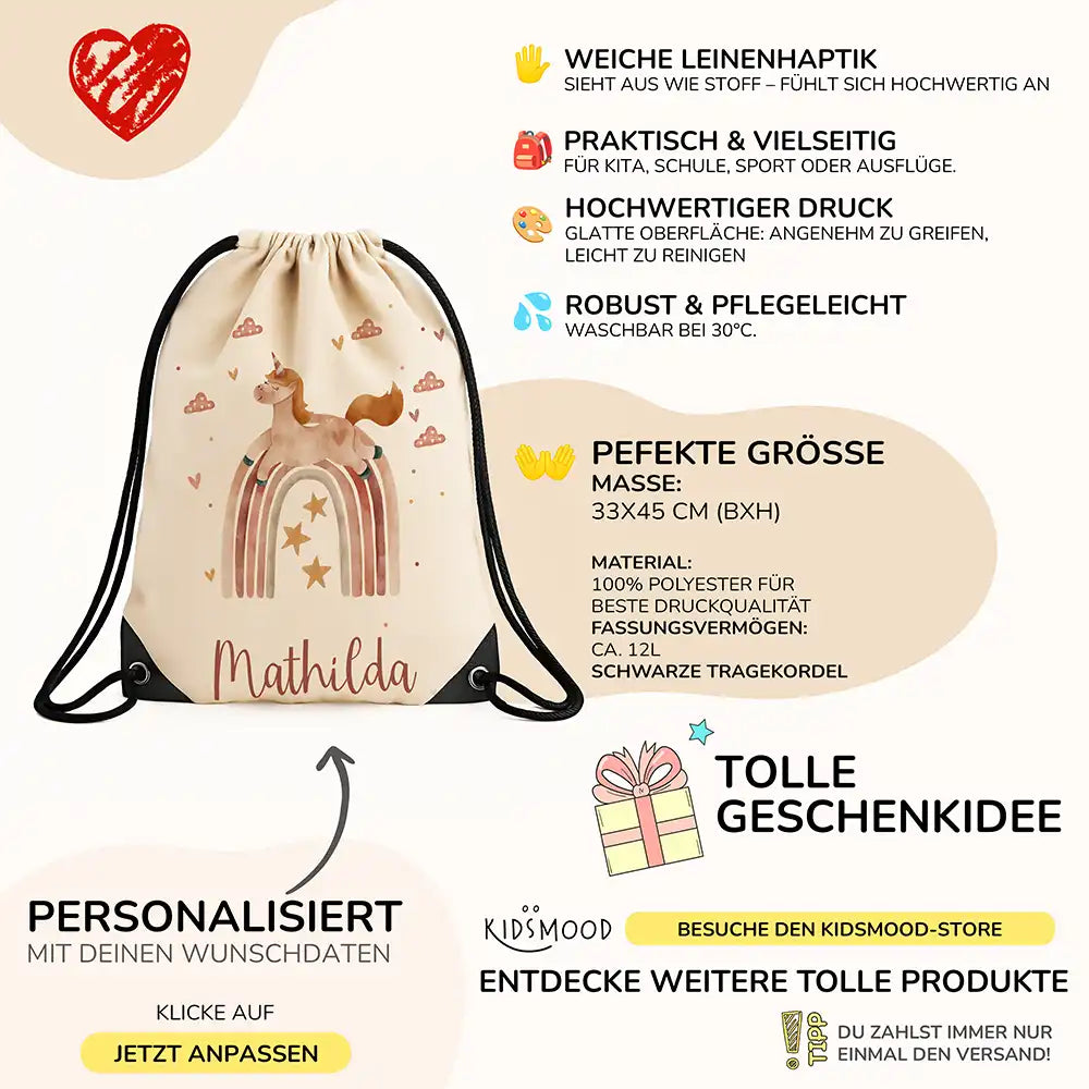 Personalisierter Turnbeutel mit Namen - Einhorn Regenbogen