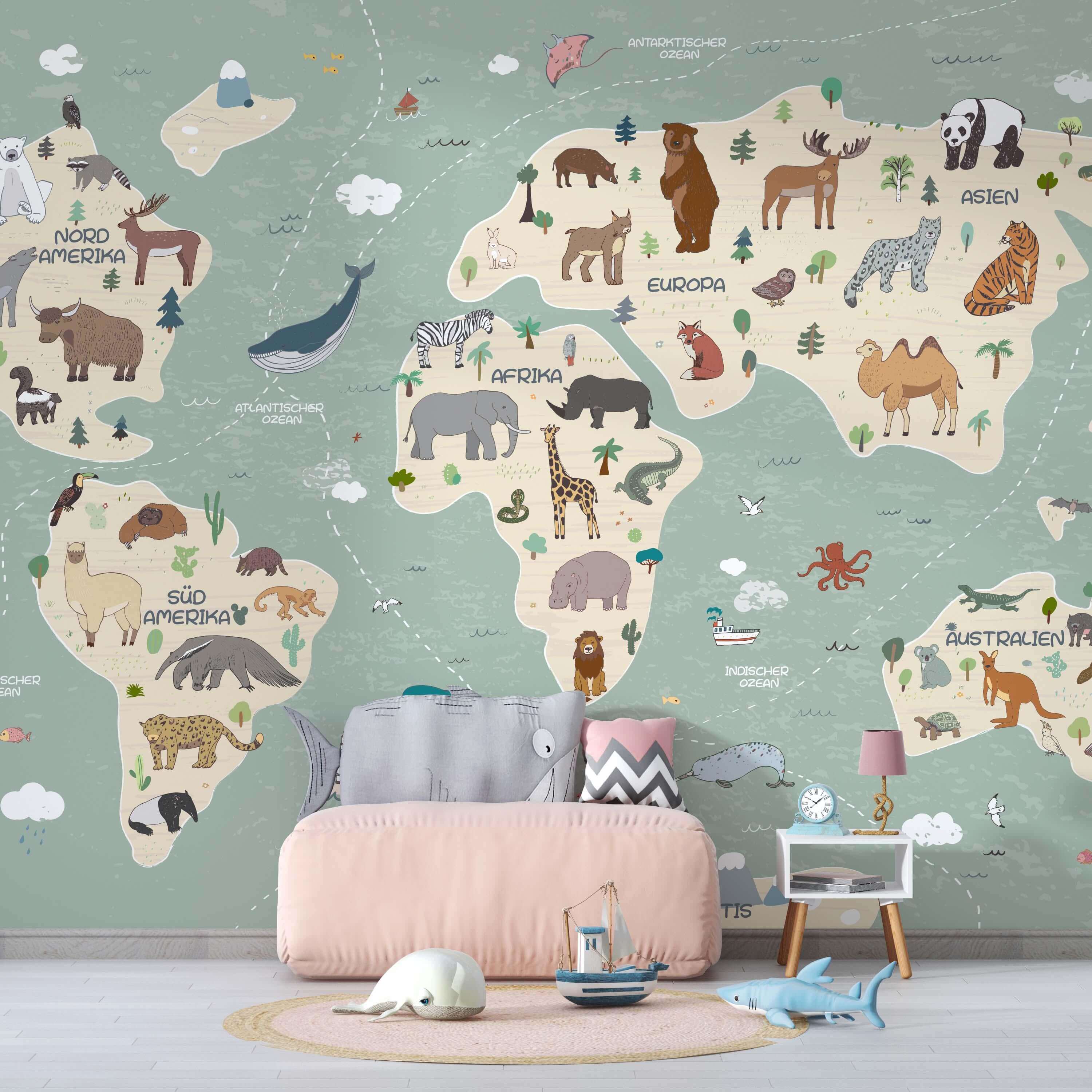 handcrafted world map wall mural with animal designs