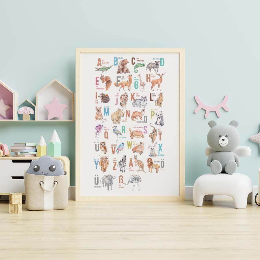 colorful ABC poster with illustrated animals and letters