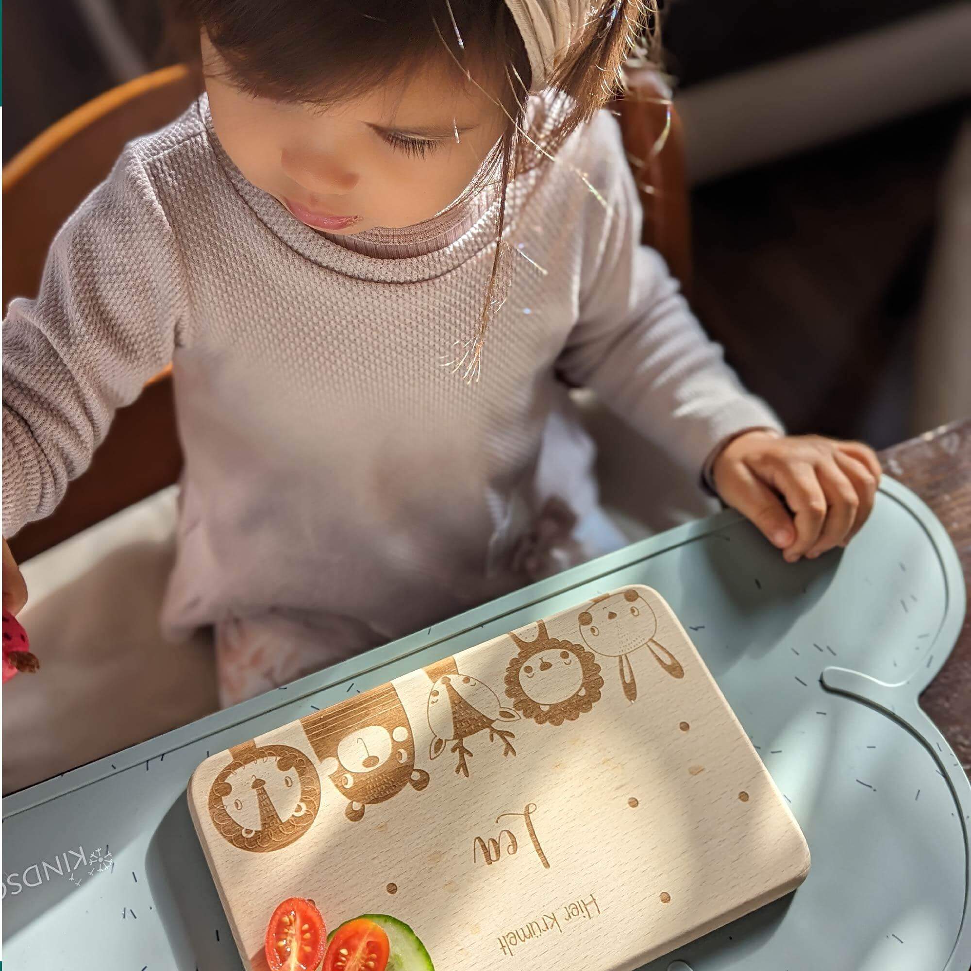 personalized breakfast board with animal family motif