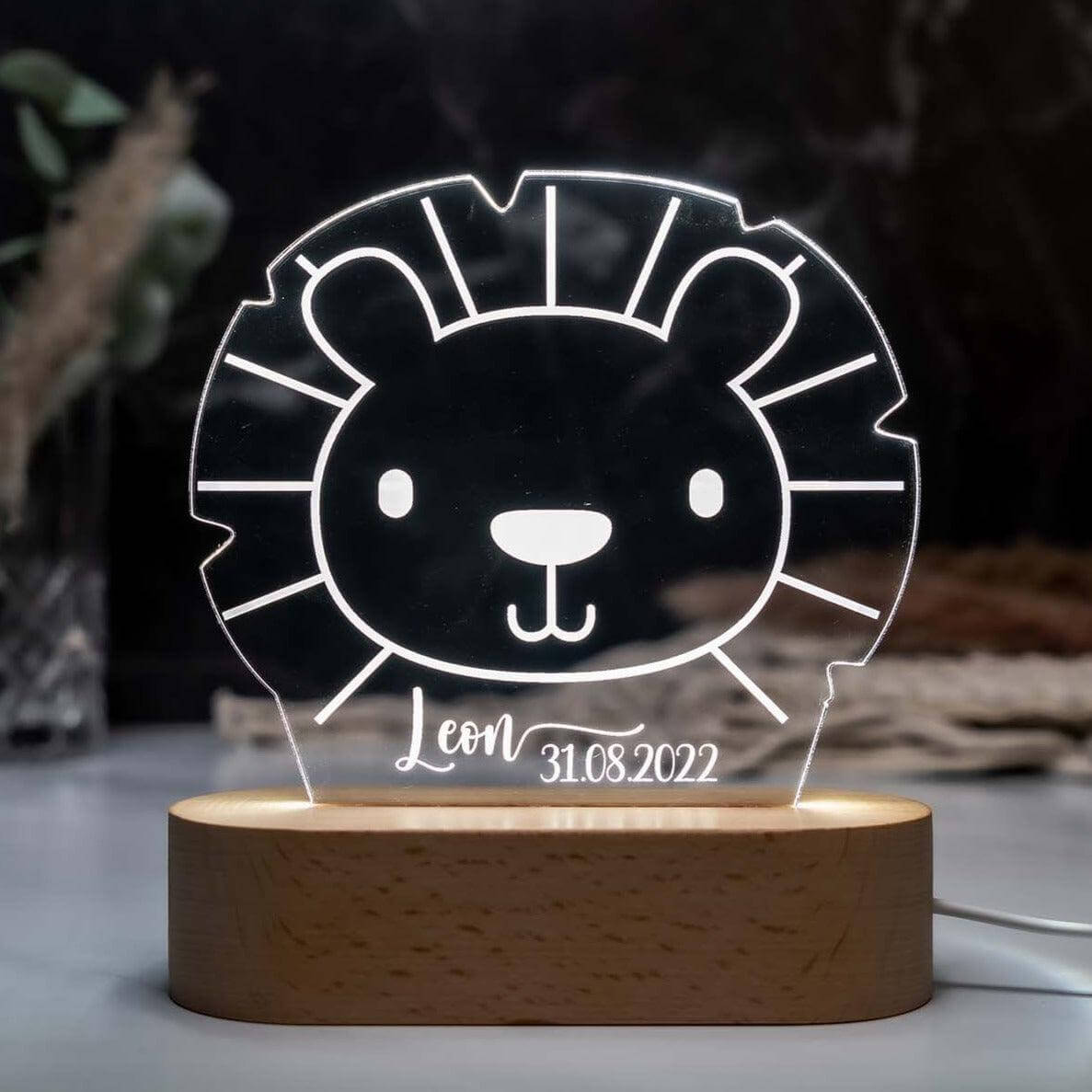 engraved night lamp with lion head and custom name