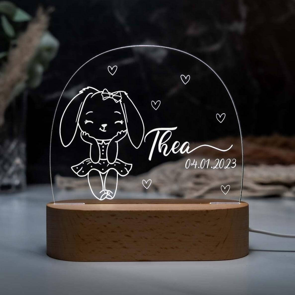 engraved night lamp with bunny and custom name