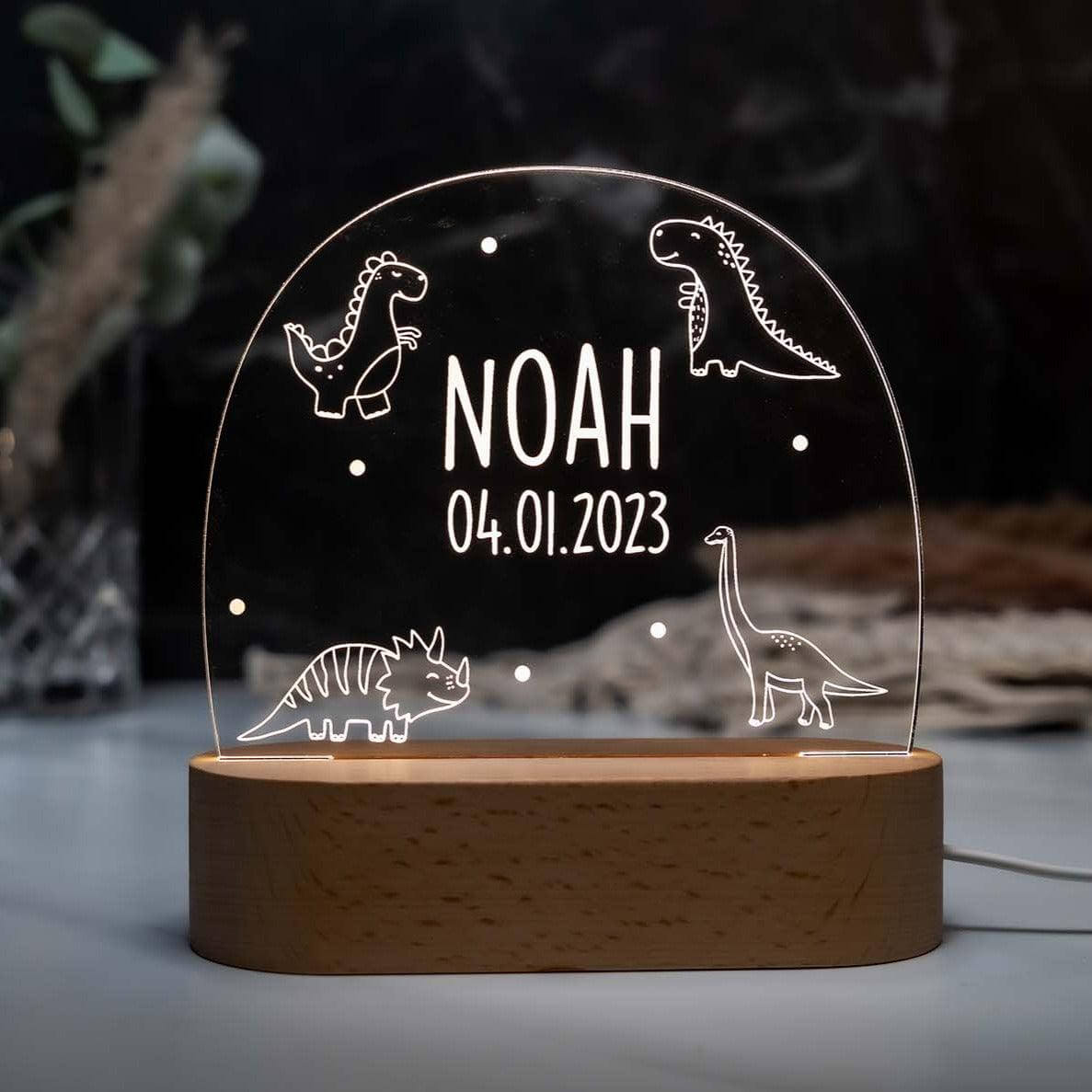 night lamp with dino design and personalized name