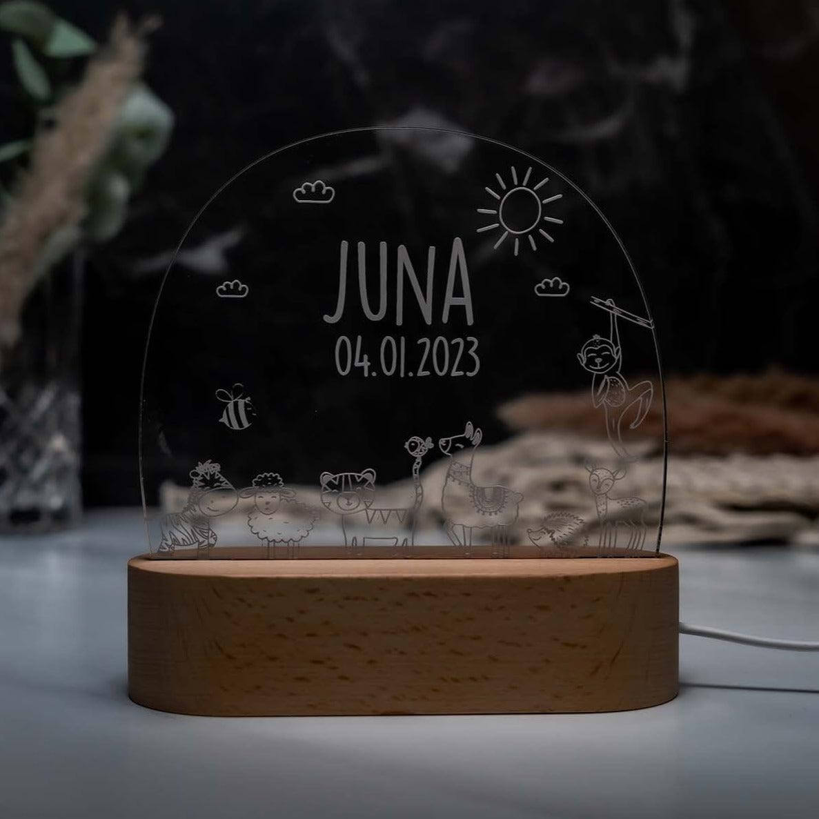 night lamp with waldtiere design and personalized name