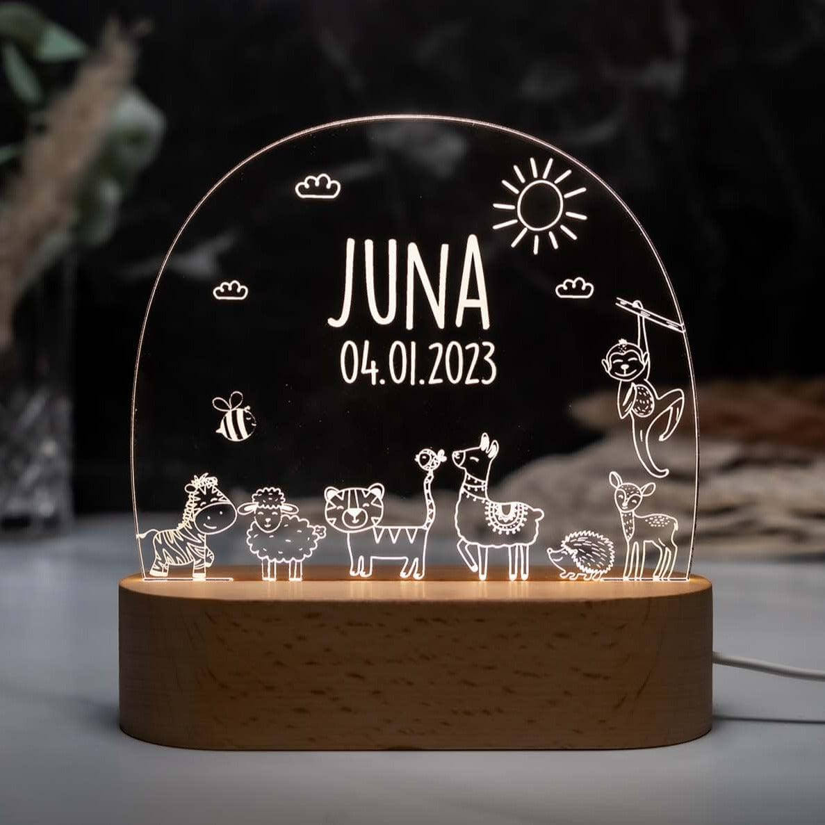 engraved night lamp with forest animals and custom name