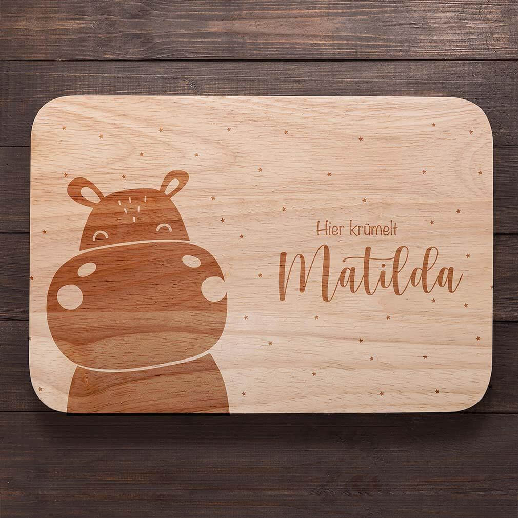 close-up of hippo design on personalized breakfast board