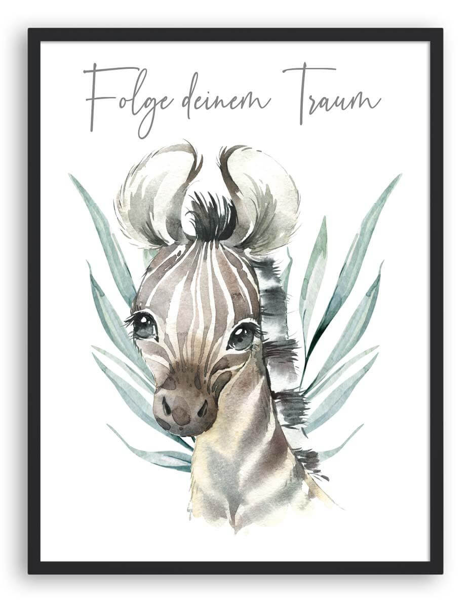 whimsical zebra poster with soft, neutral tones