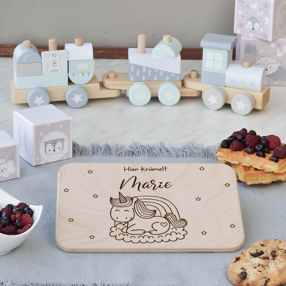 engraved breakfast board with unicorn and custom name