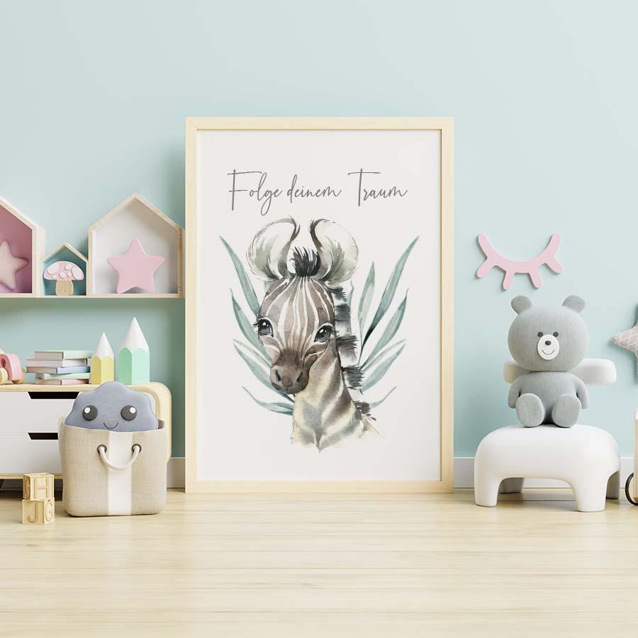 playful zebra poster with pastel colors for kids' room