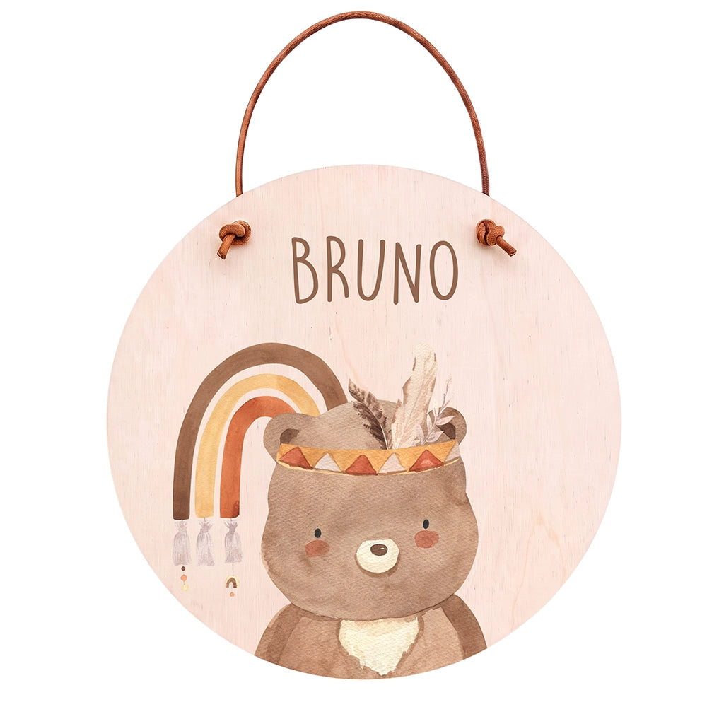 Türschild Kinderzimmer personalisiert mit Name Bär mit Regenbogen