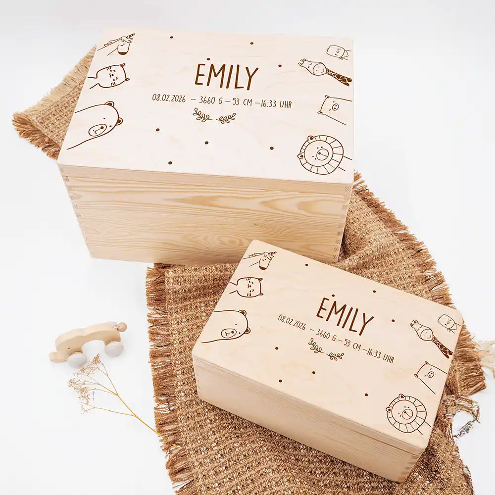 Erinnerungsbox Baby -  fröhliche Tierfamilie