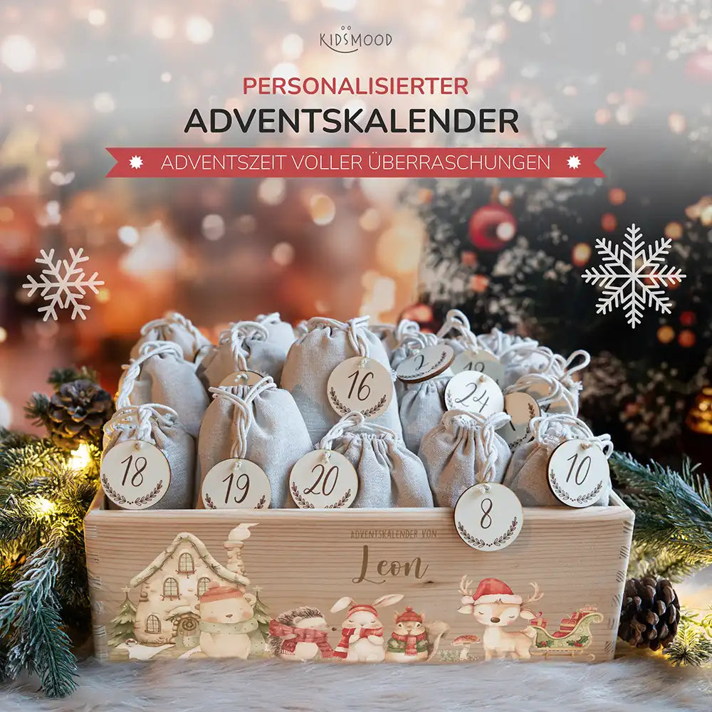 Adventskalender zum befüllen "Winterdorf mit Tieren" personalisiert