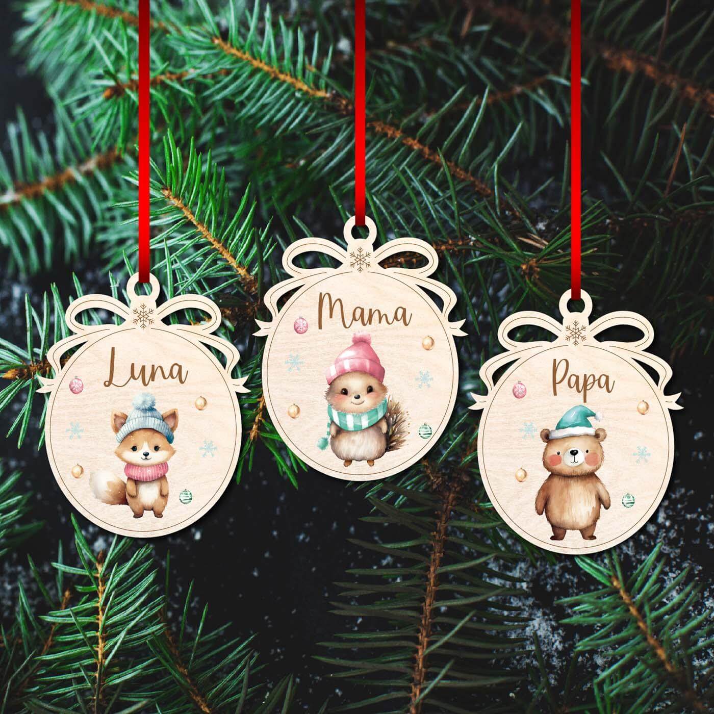 Weihnachtskugeln Bär aus Holz personalisiert Tierfamilie