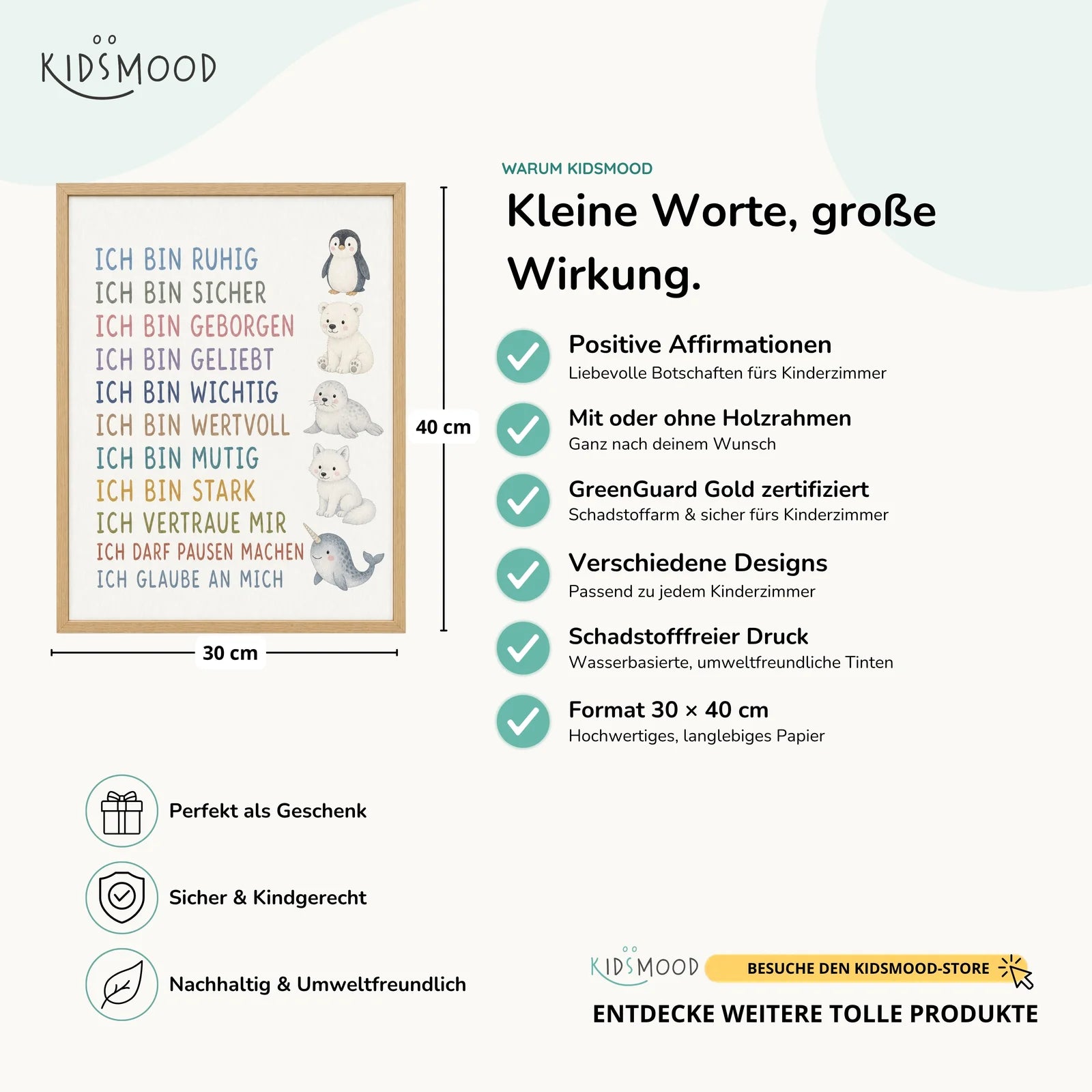 Affirmationsposter Kinderzimmer Arktistiere, Hauptbild im Holzrahmen, Format 30 x 40 cm
