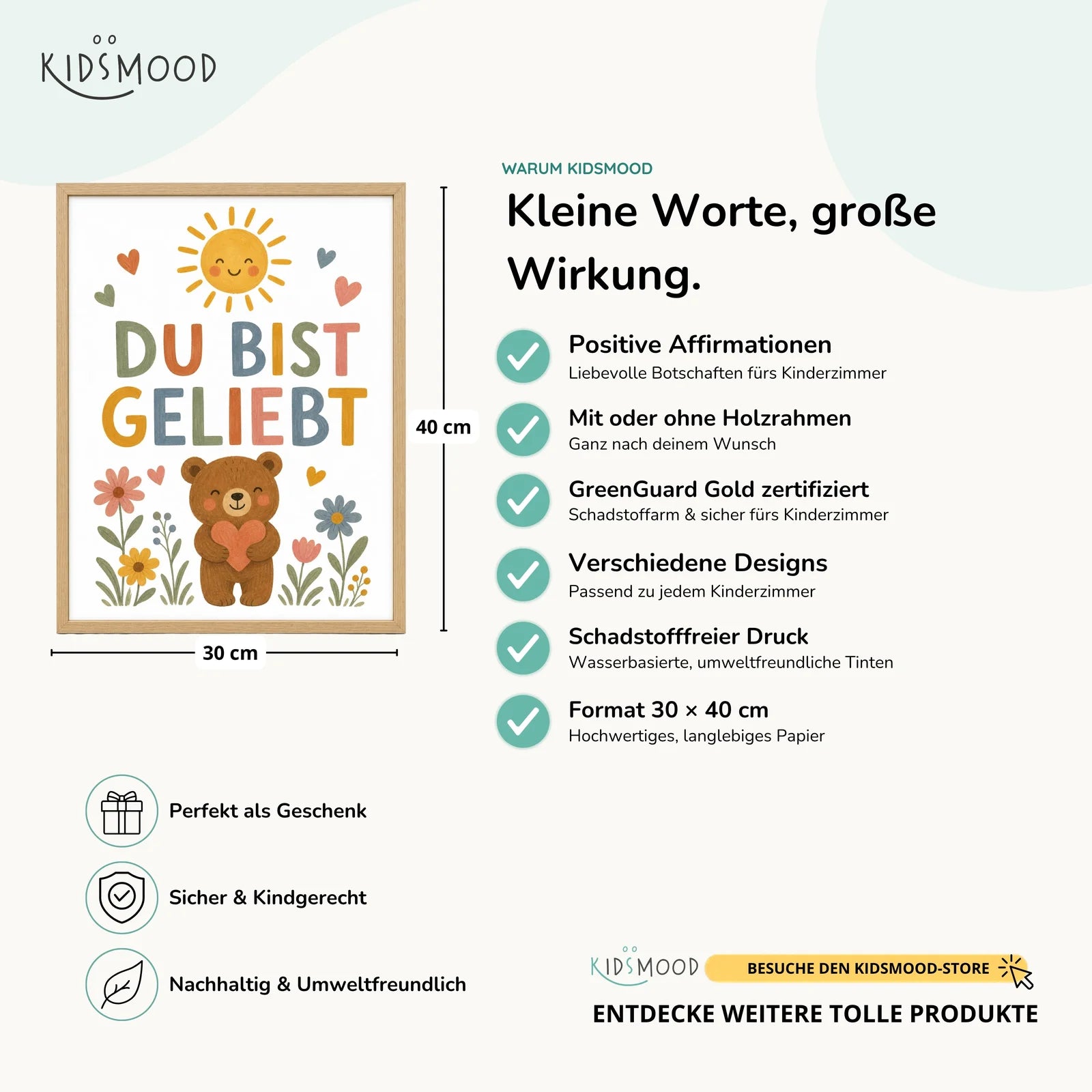 Affirmationsposter Kinderzimmer Bär Du bist geliebt, Hauptbild im Holzrahmen, Format 30 x 40 cm