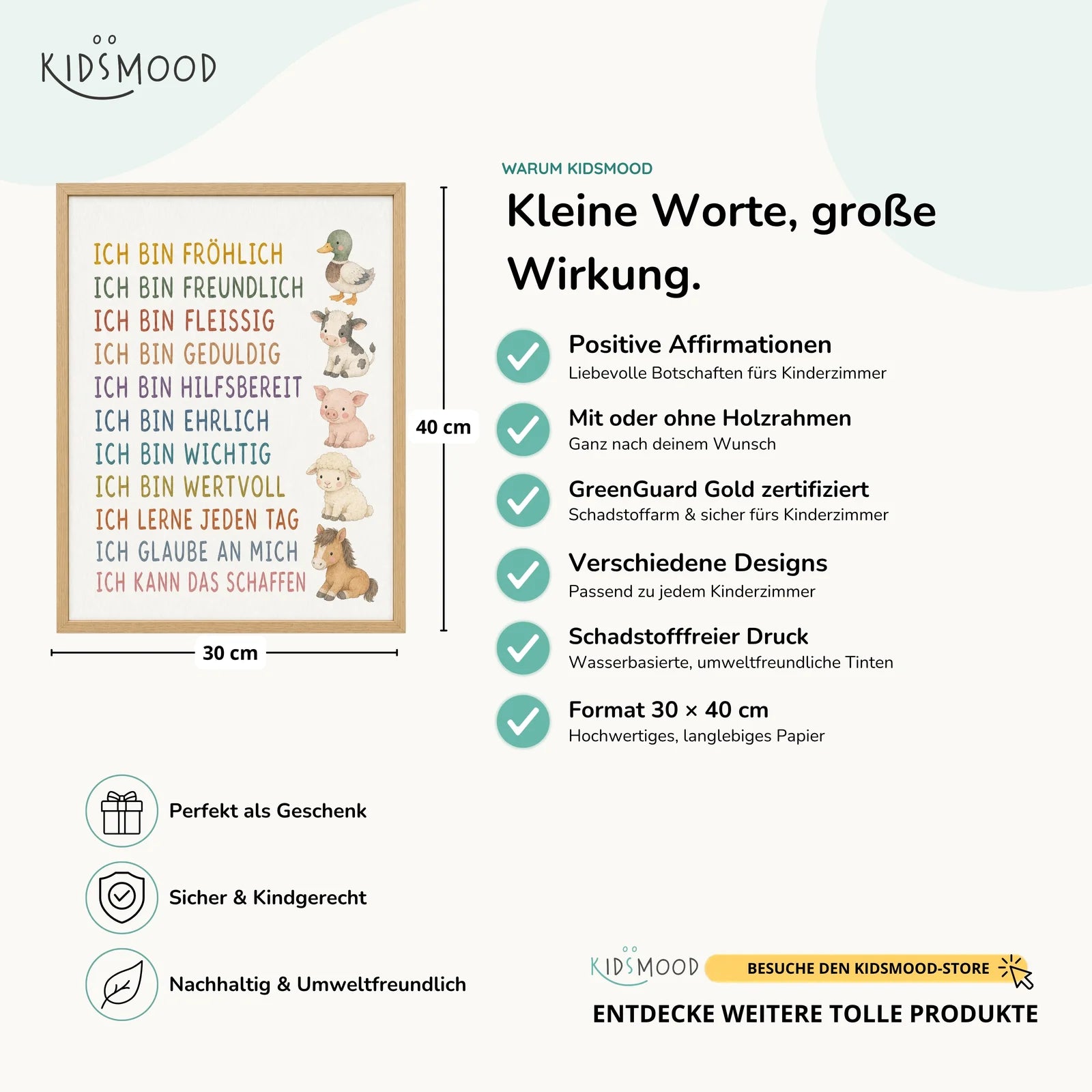 Affirmationsposter Kinderzimmer Bauernhoftiere, Hauptbild im Holzrahmen, Format 30 x 40 cm