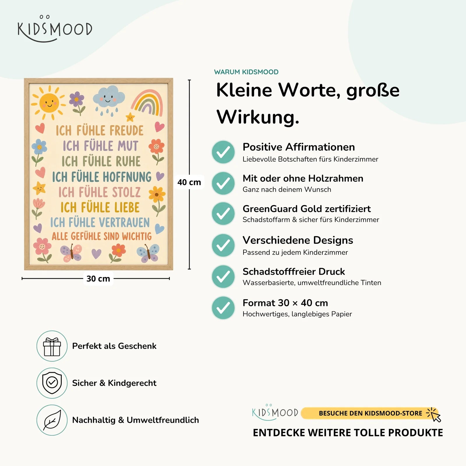 Affirmationsposter Kinderzimmer Blumenwiese Gefühle, Hauptbild im Holzrahmen, Format 30 x 40 cm