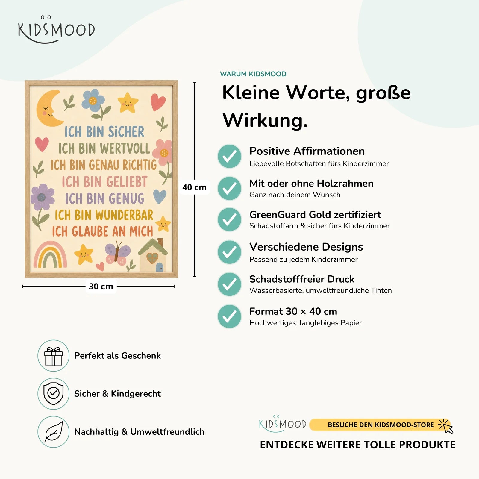 Affirmationsposter Kinderzimmer Blumenwiese Ich bin sicher, Hauptbild im Holzrahmen, Format 30 x 40 cm