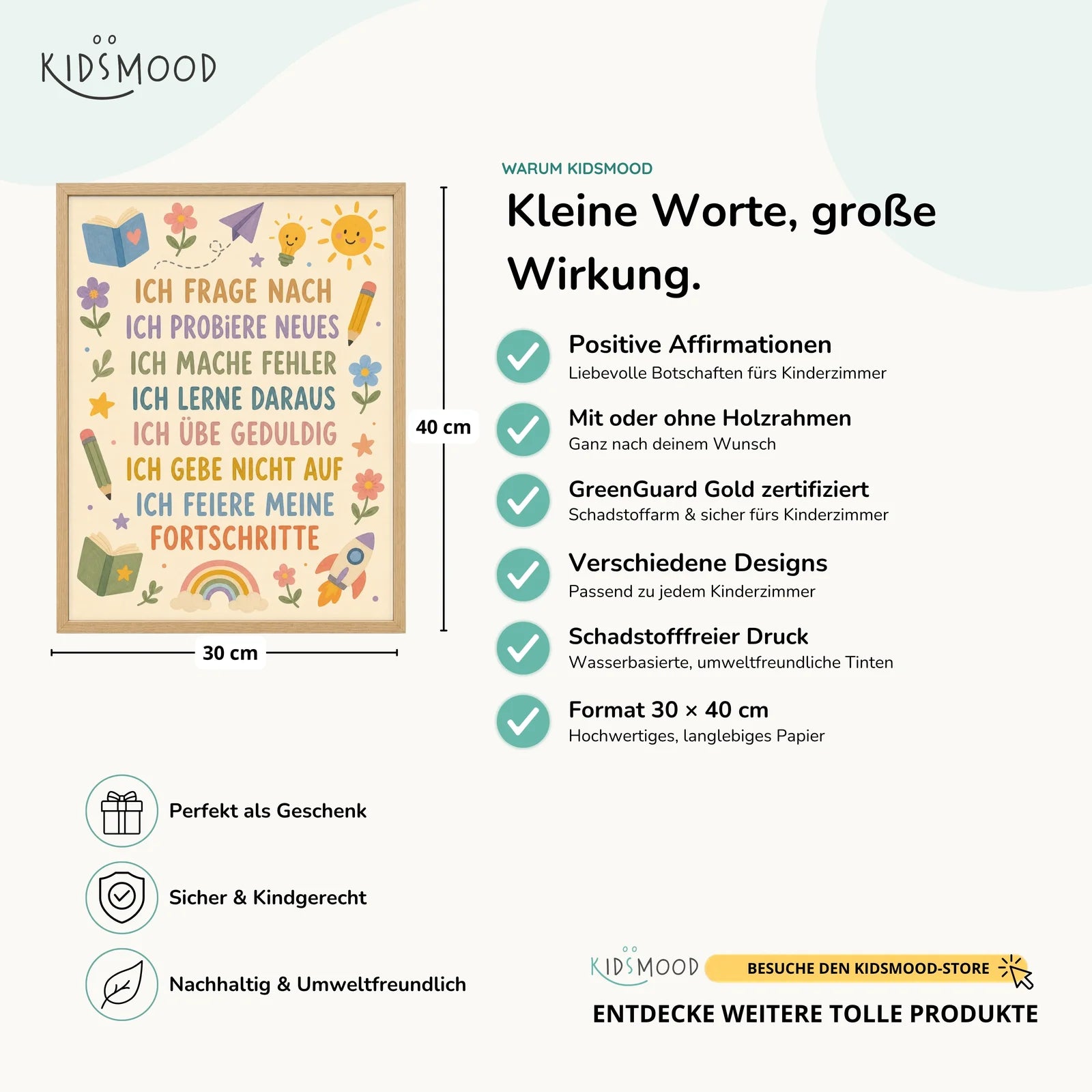 Affirmationsposter Kinderzimmer Blumenwiese Ich frage nach, Hauptbild im Holzrahmen, Format 30 x 40 cm