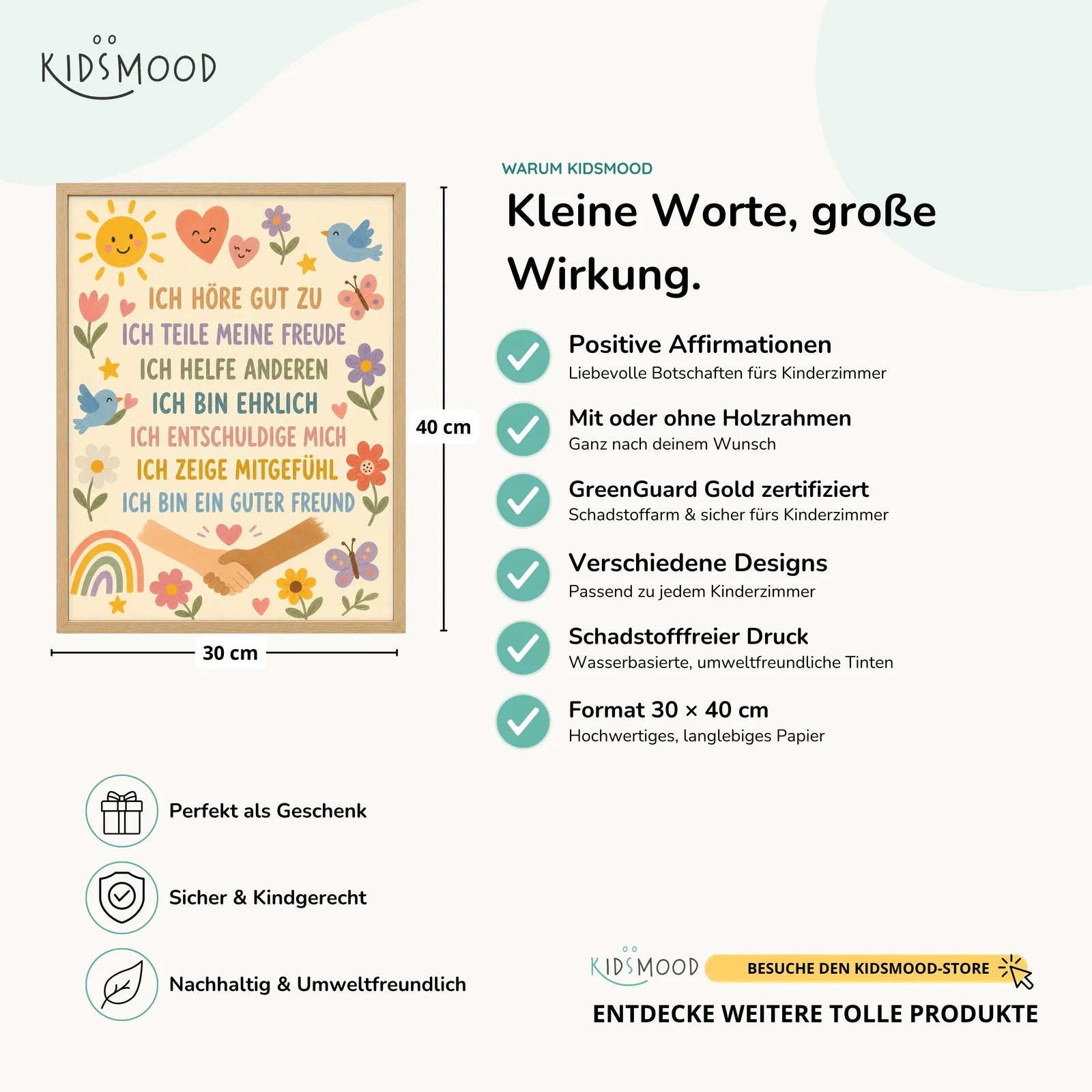 Affirmationsposter Kinderzimmer Blumenwiese Ich höre zu, Hauptbild im Holzrahmen, Format 30 x 40 cm