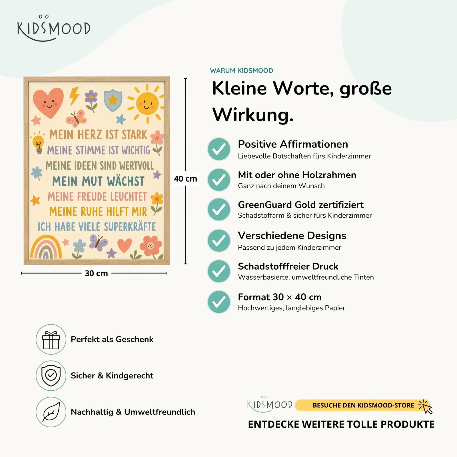 Affirmationsposter Kinderzimmer Blumenwiese Superkräfte, Hauptbild im Holzrahmen, Format 30 x 40 cm
