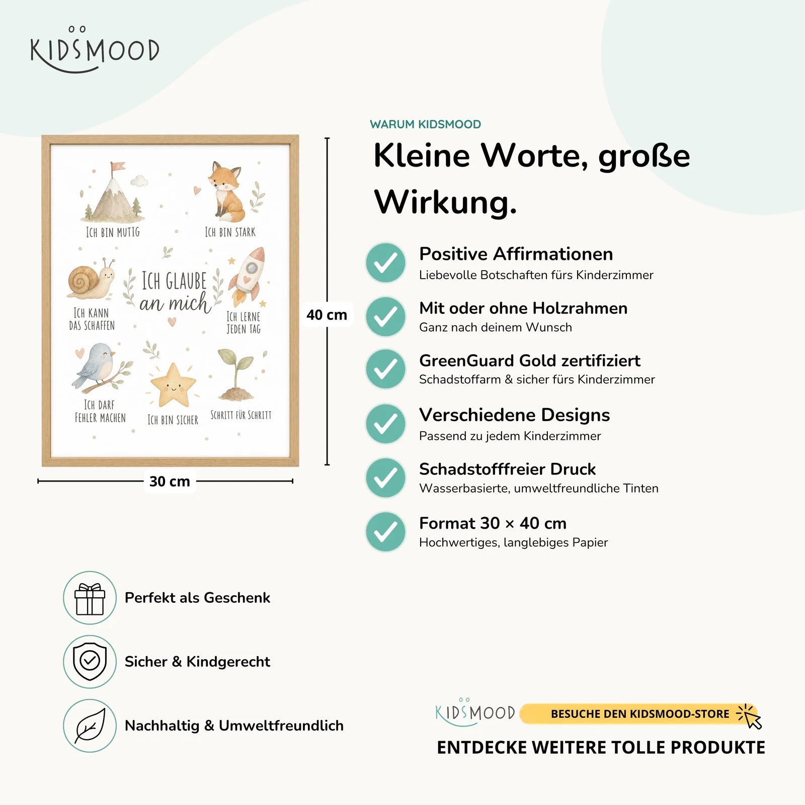 Affirmationsposter Kinderzimmer Collage Ich glaube an mich, Hauptbild im Holzrahmen, Format 30 x 40 cm