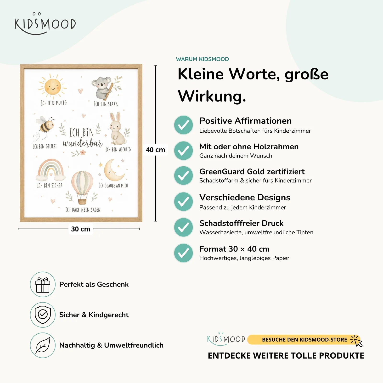 Affirmationsposter Kinderzimmer Collage Ich bin wunderbar, Hauptbild im Holzrahmen, Format 30 x 40 cm