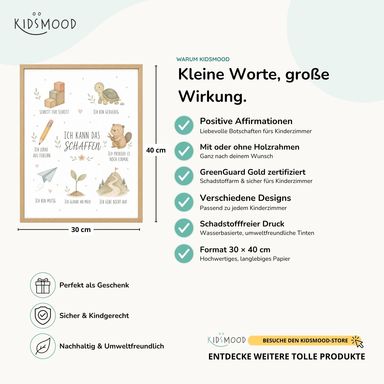 Affirmationsposter Kinderzimmer Collage Ich kann das schaffen, Hauptbild im Holzrahmen, Format 30 x 40 cm