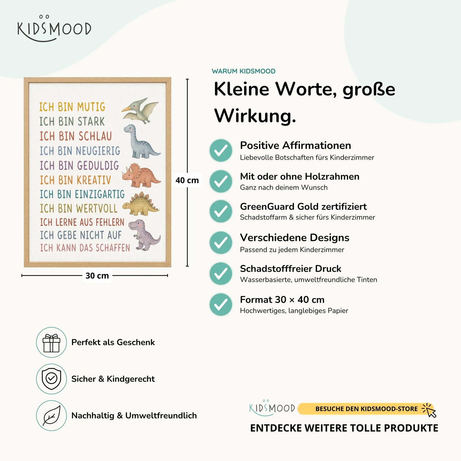 Affirmationsposter Kinderzimmer Dinos, Hauptbild im Holzrahmen, Format 30 x 40 cm