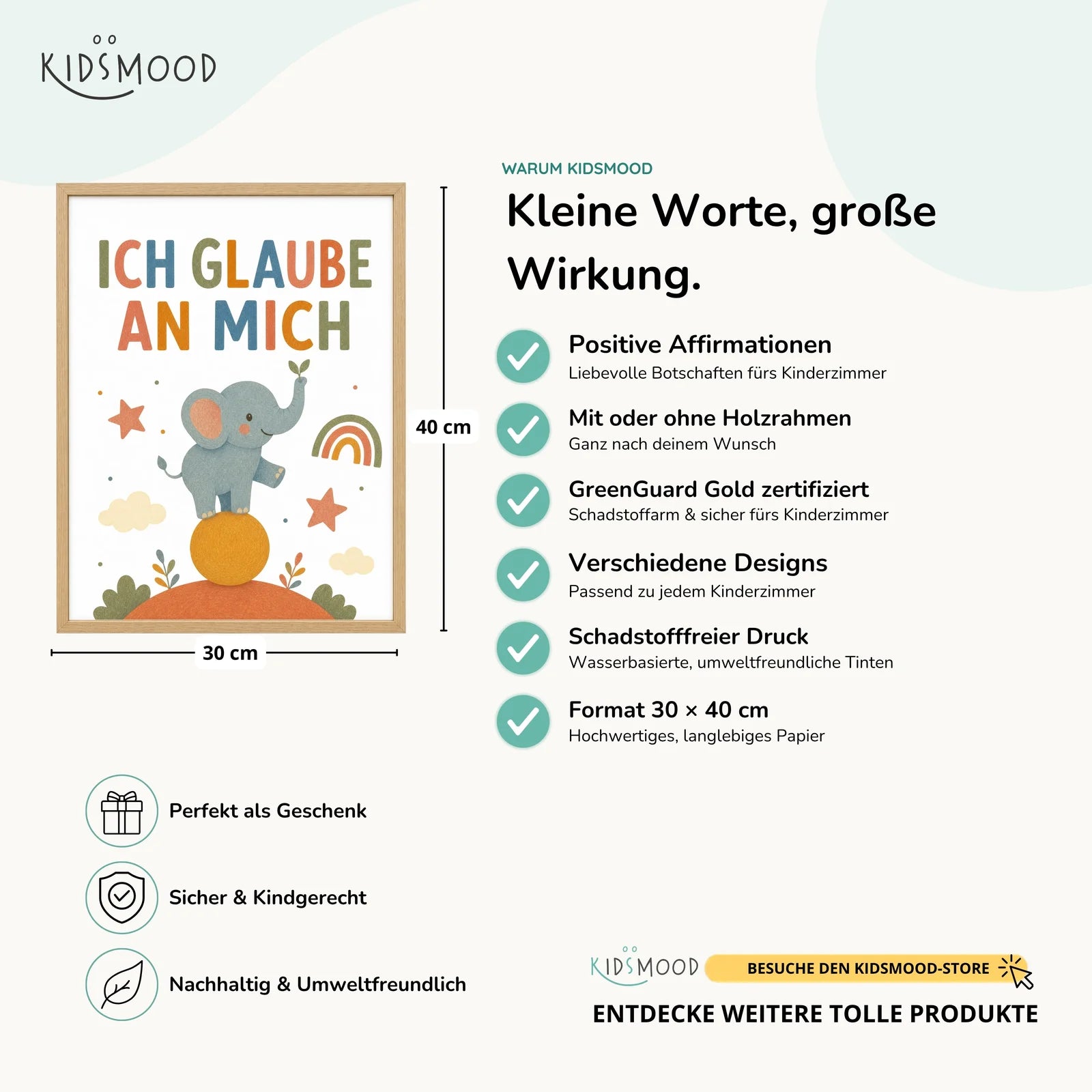 Affirmationsposter Kinderzimmer Elefant Ich glaube an mich, Hauptbild im Holzrahmen, Format 30 x 40 cm