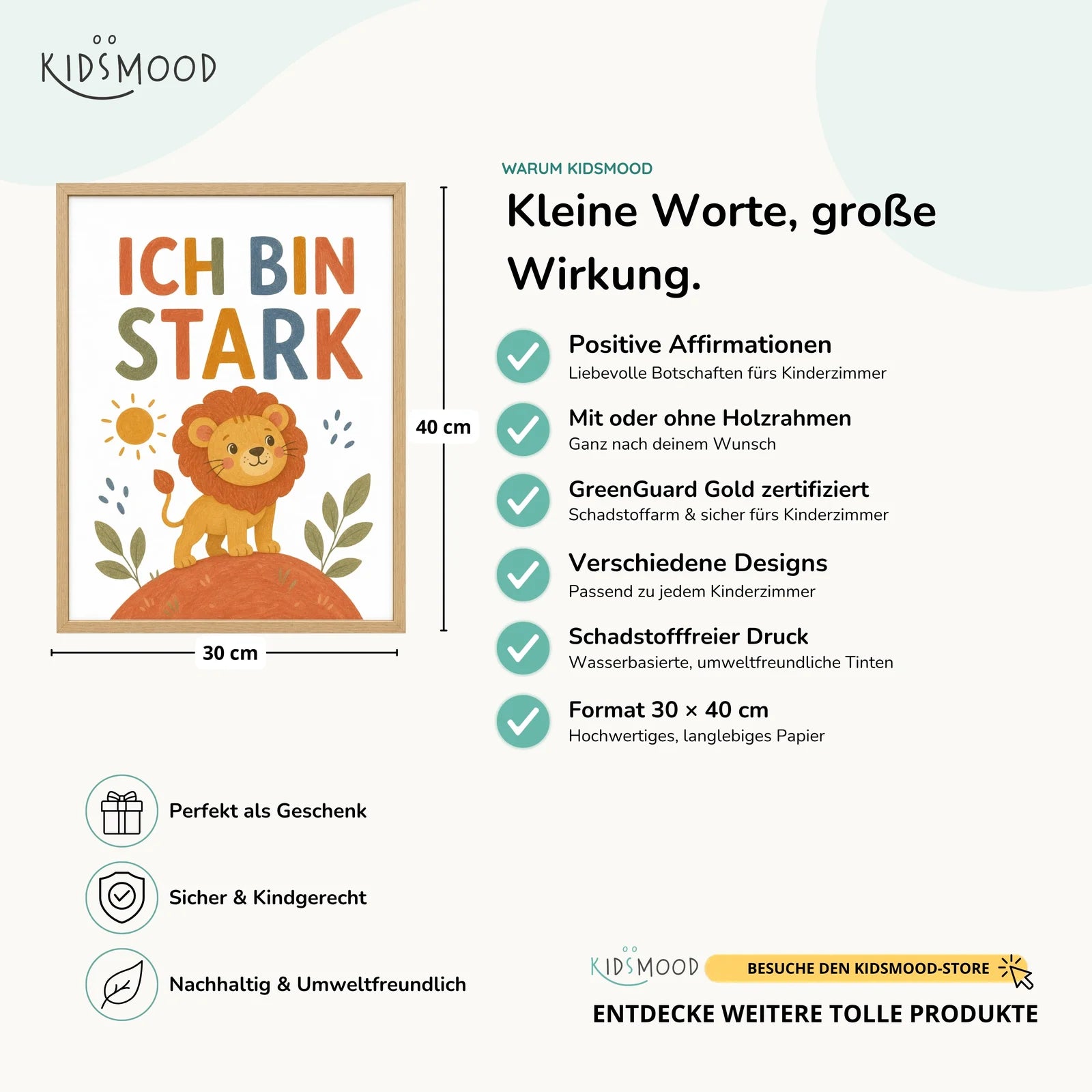 Affirmationsposter Kinderzimmer Löwe Ich bin stark, Hauptbild im Holzrahmen, Format 30 x 40 cm
