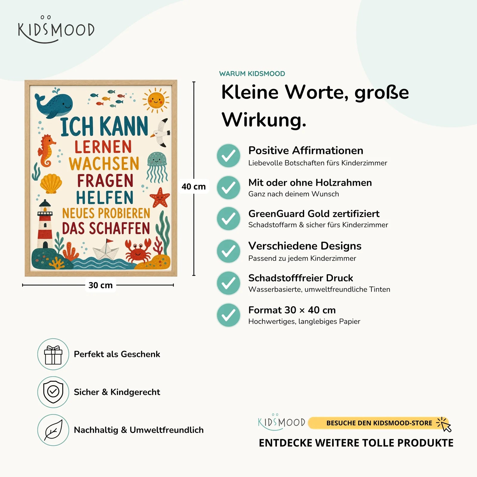 Affirmationsposter Kinderzimmer Meer Ich kann lernen, Hauptbild im Holzrahmen, Format 30 x 40 cm
